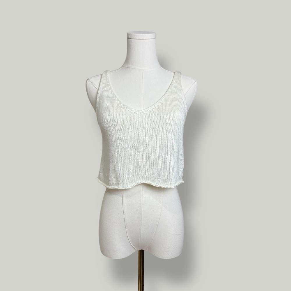 FOREVER21 Top Women Size Small Cream Crochet Sleeveless Vneck Knitted Boho Beach